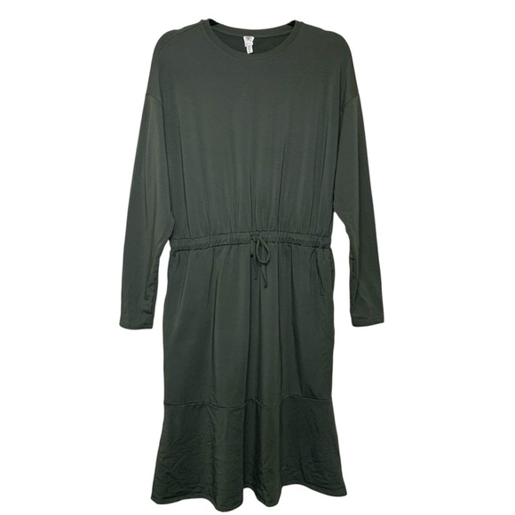 Tristan Long Sleeve Dress Modal Cotton Deep Green Jersey Sz L Pocket Ruffle Hem - Picture 2 of 15